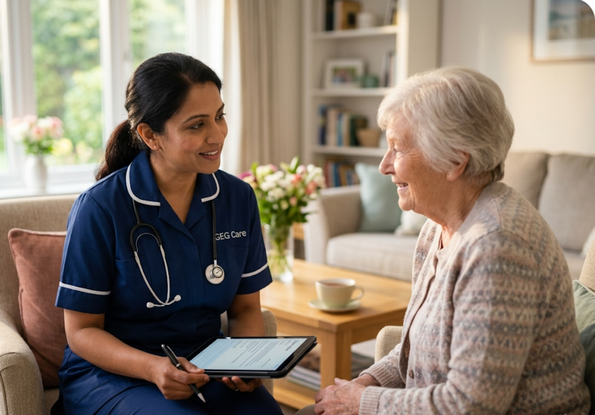 A GEG Care nurse reviewing a personalised care plan on a tablet during a home visit.