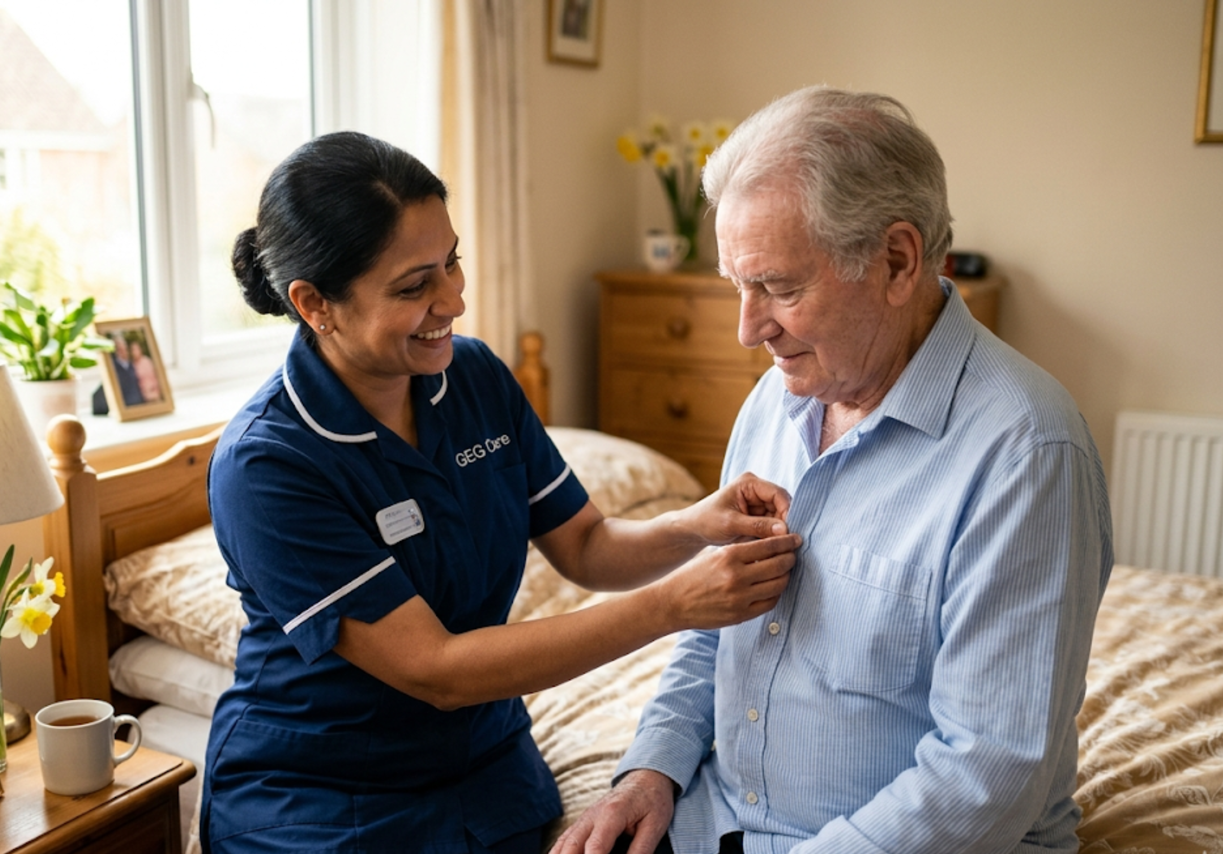 A GEG Care home carer providing compassionate personal care and morning routine support to an elderly client at home in [LOCATION].