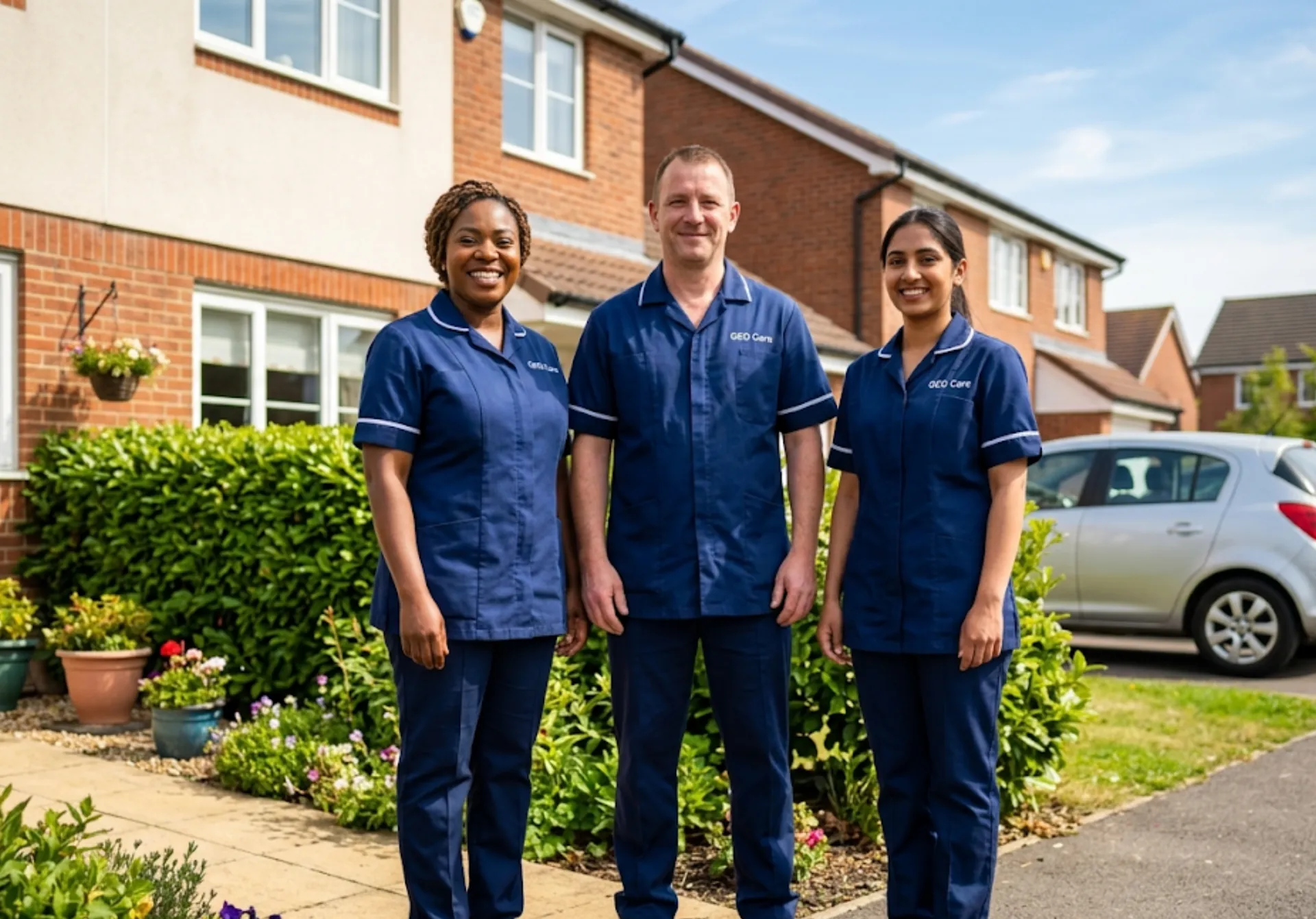 Three GEG Care home carers standing together proudly outside a client's home in Luton, representing rewarding care jobs.
