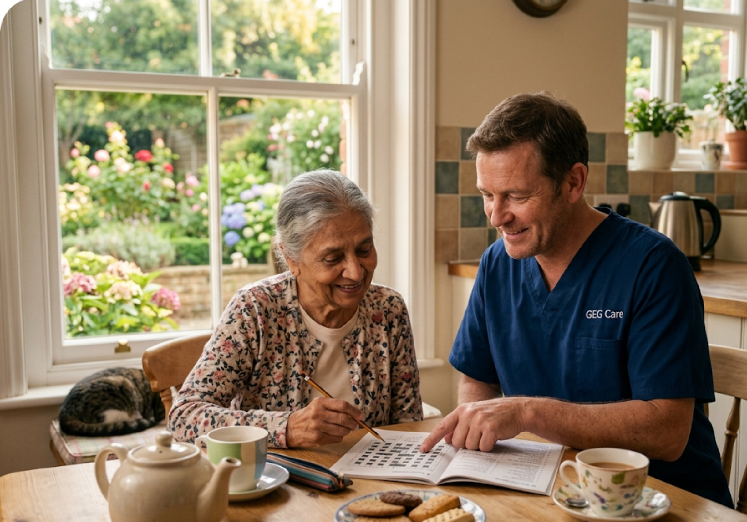 A GEG Care companion carer working on a crossword puzzle with an elderly female client at home in [LOCATION], sharing a moment of genuine intellectual connection.