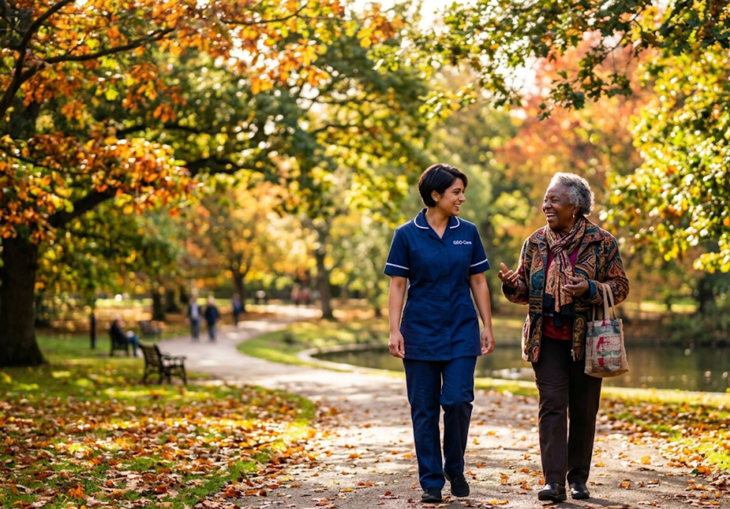 A GEG Care companion carer walking and talking with an elderly female client in a local park in [LOCATION], enjoying outdoor companionship and social engagement.