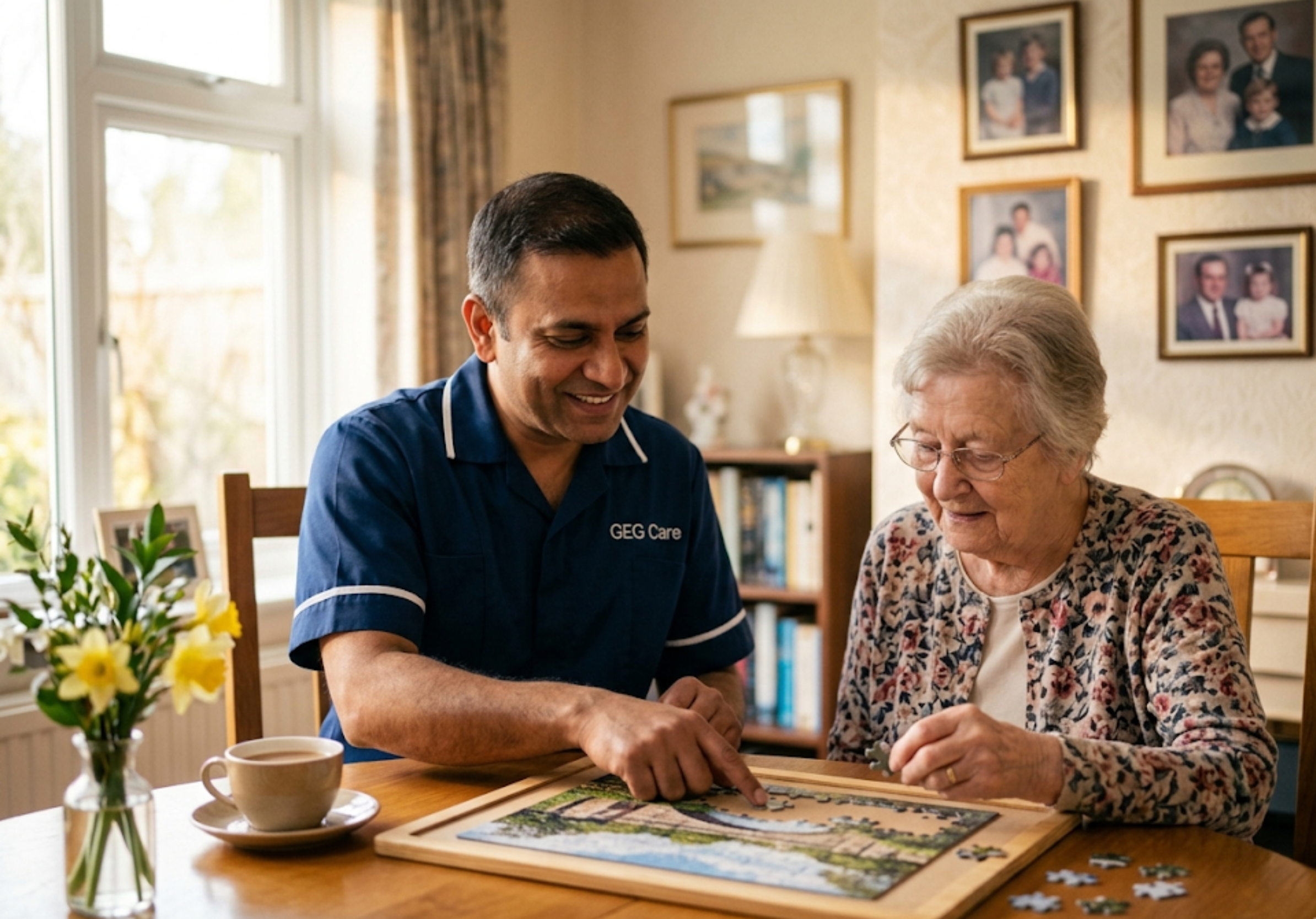 A GEG Care dementia carer supporting an elderly male client with a cognitive activity during a home visit in [LOCATION].