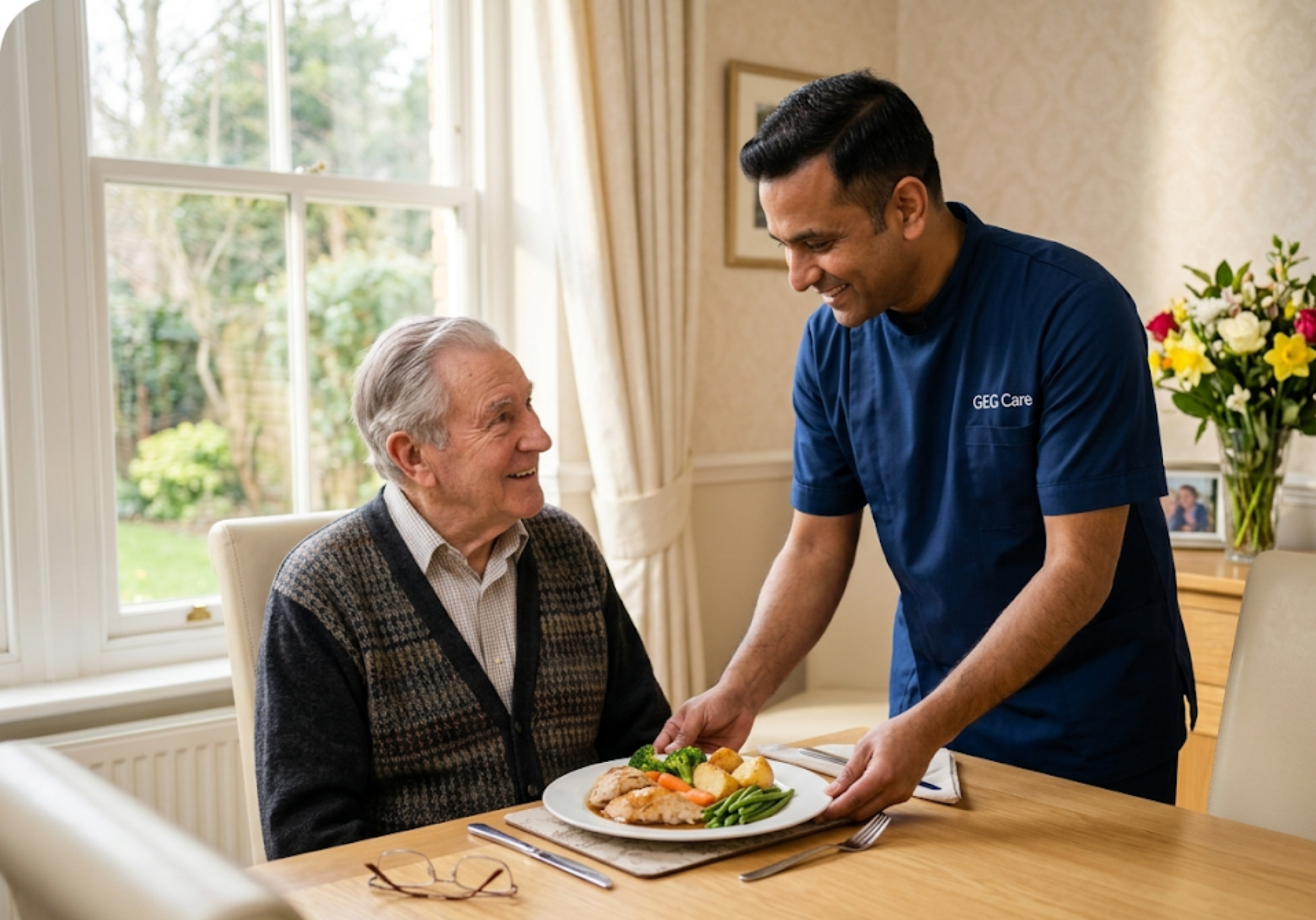 A GEG Care domestic support carer serving a freshly prepared home-cooked meal to an elderly male client at home in [LOCATION].