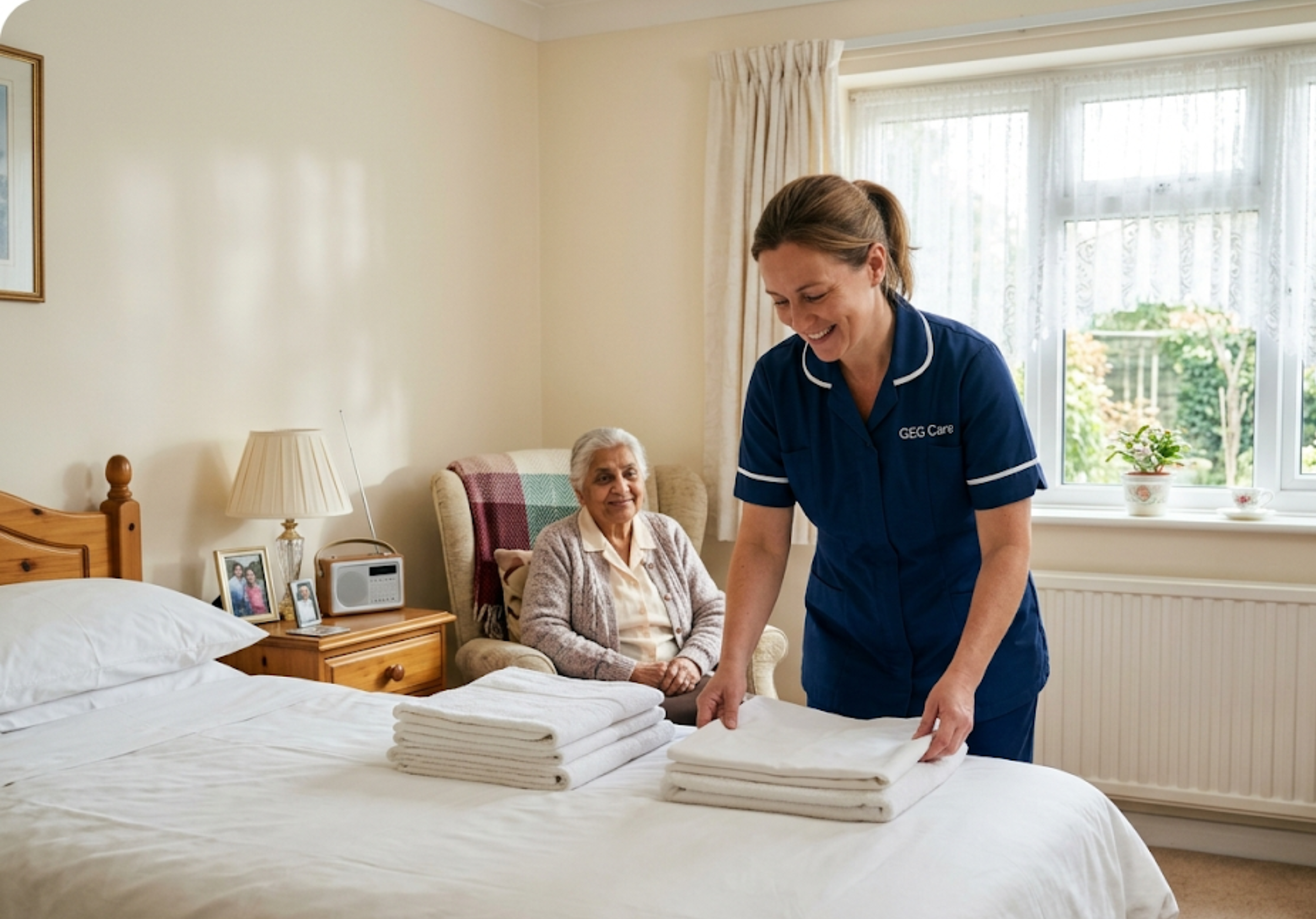 A GEG Care domestic support carer folding fresh laundry in a client's bedroom in [LOCATION], while the elderly client relaxes comfortably nearby.
