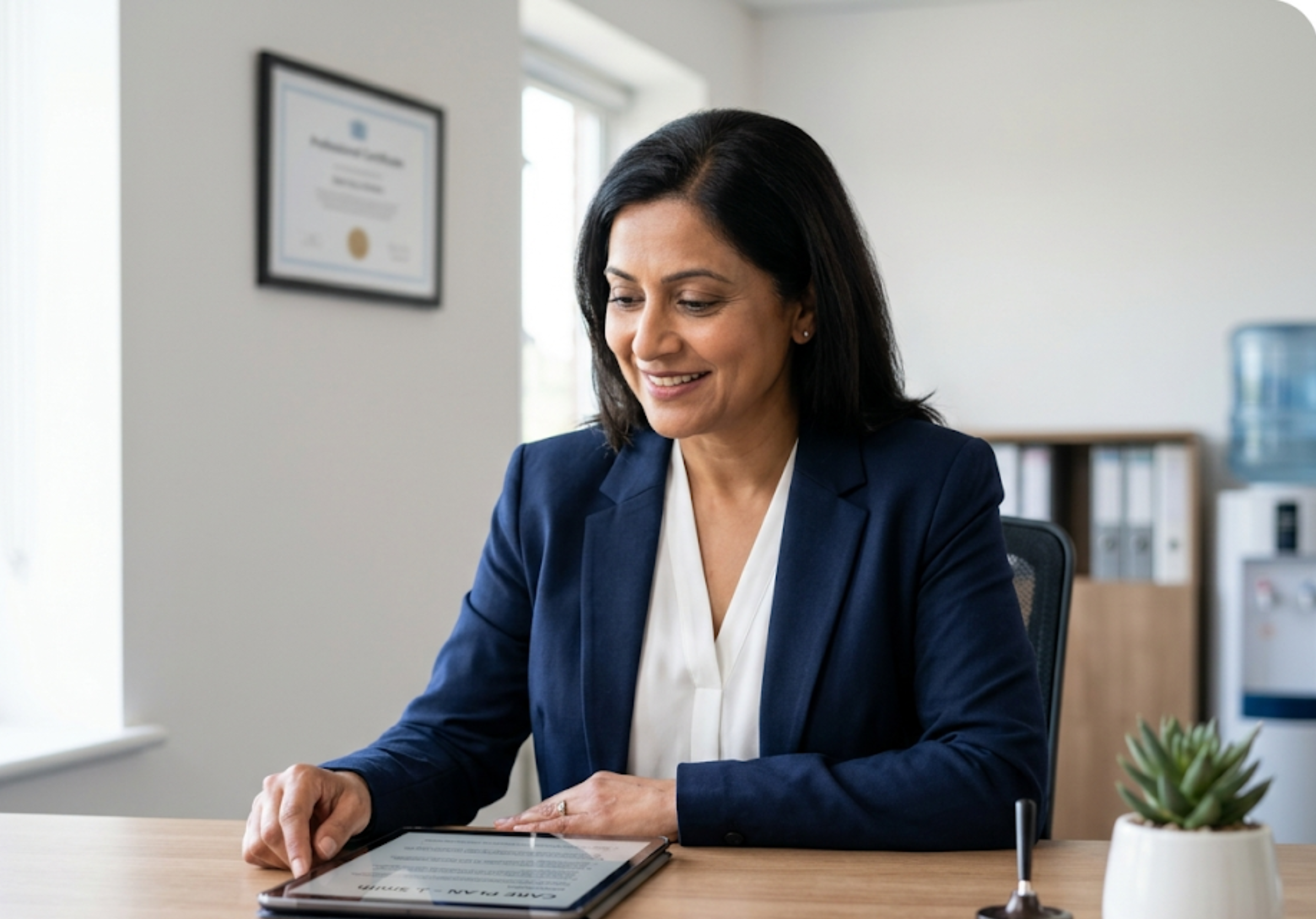 GEG Care's nurse-led care management team reviewing a personalised home care plan at their [LOCATION] office.