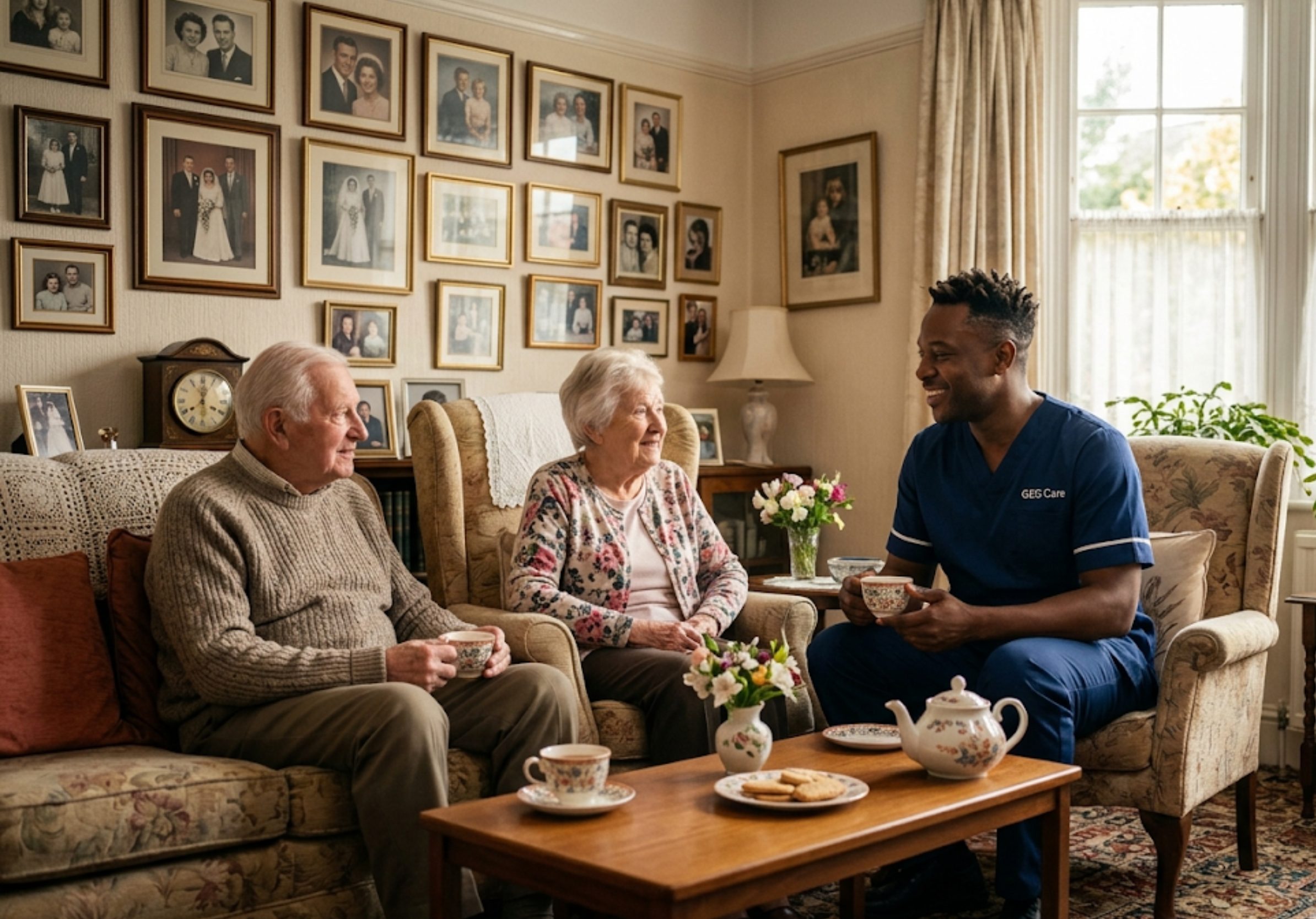 An elderly couple sitting together comfortably at home in [LOCATION], supported by a GEG Care live-in carer.