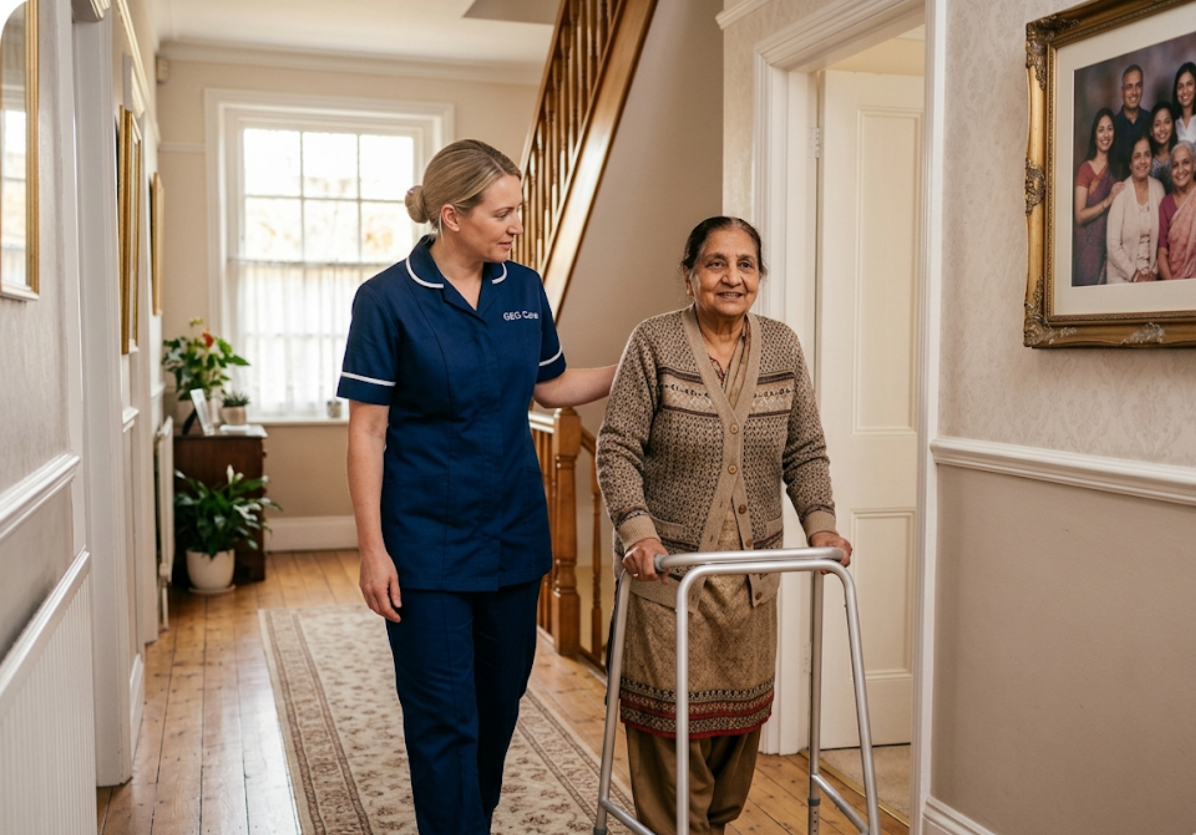 A GEG Care live-in carer providing mobility support to an elderly client in the hallway of her own home in [LOCATION].
