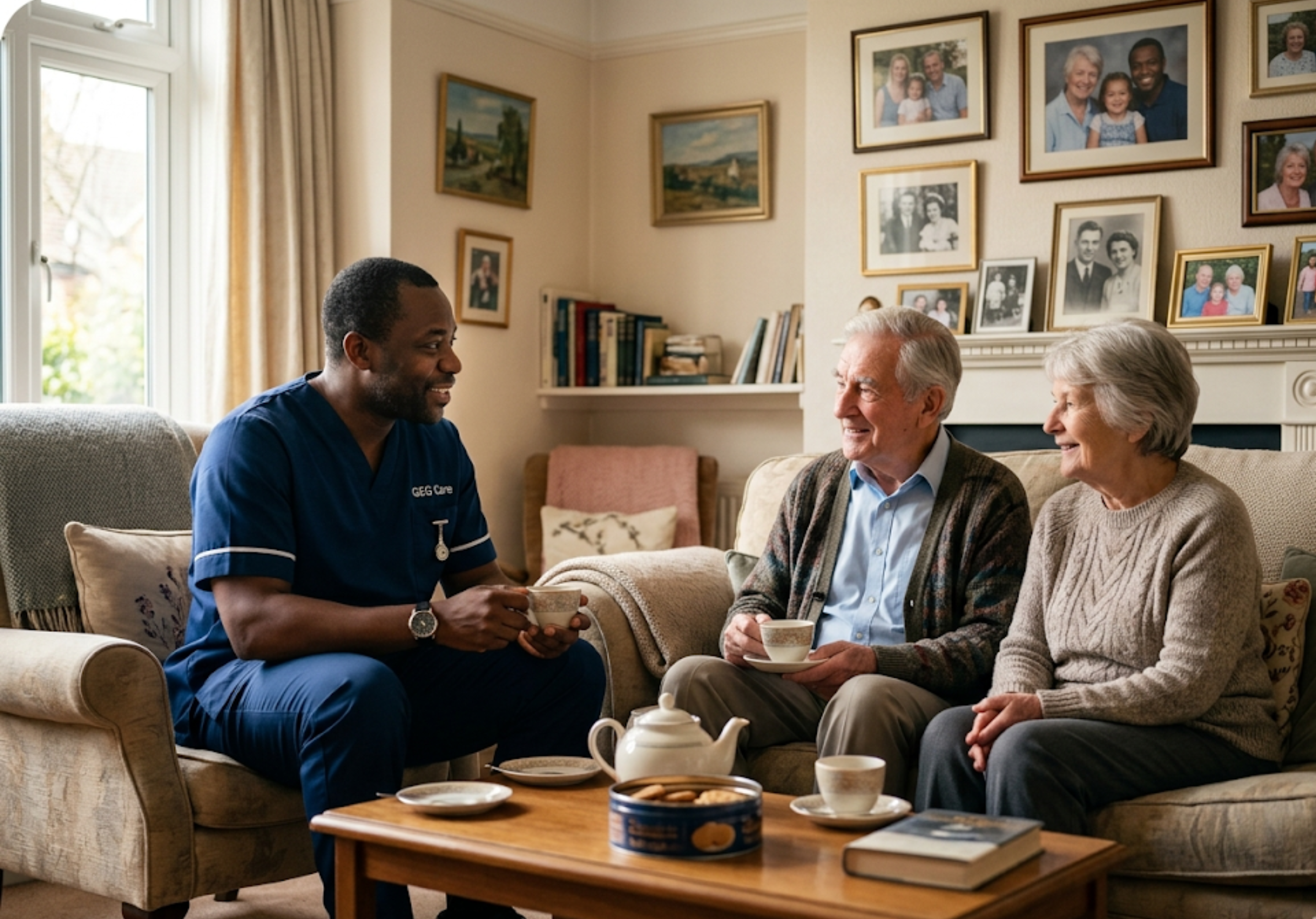 A GEG Care live-in carer sharing a warm conversation with an elderly female client in her living room in [LOCATION].