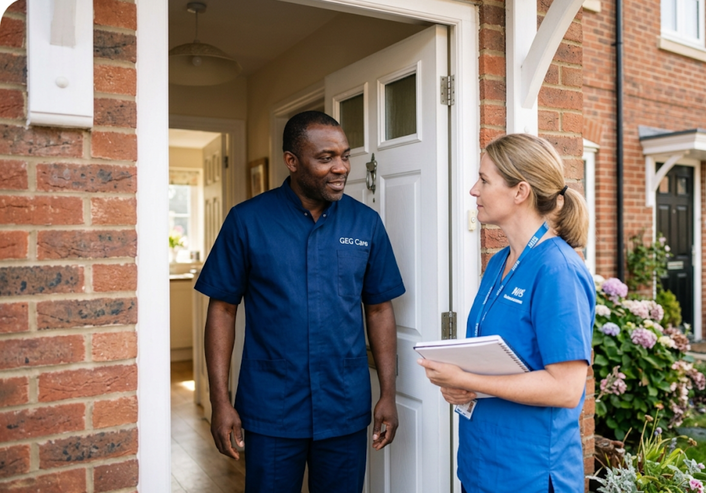 A GEG Care palliative carer coordinating with an NHS district nurse at a client's home in [LOCATION], ensuring seamless joined-up end-of-life care.