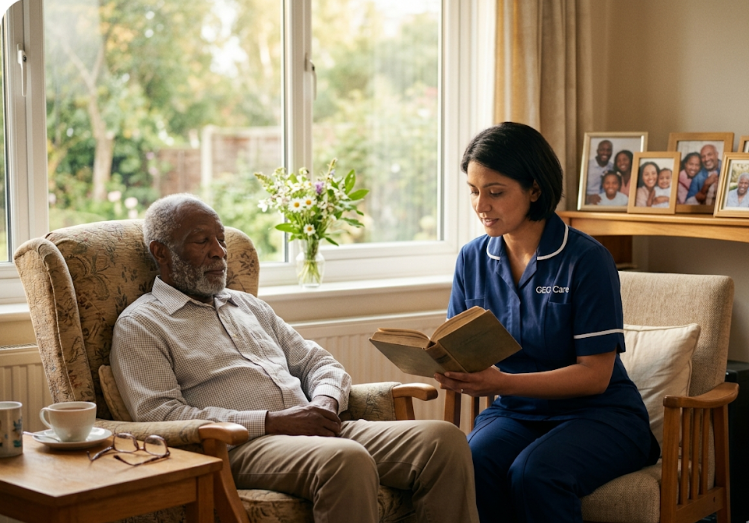 A GEG Care palliative carer reading gently to an elderly male client in his armchair at home in [LOCATION], providing peaceful and dignified end-of-life companionship.