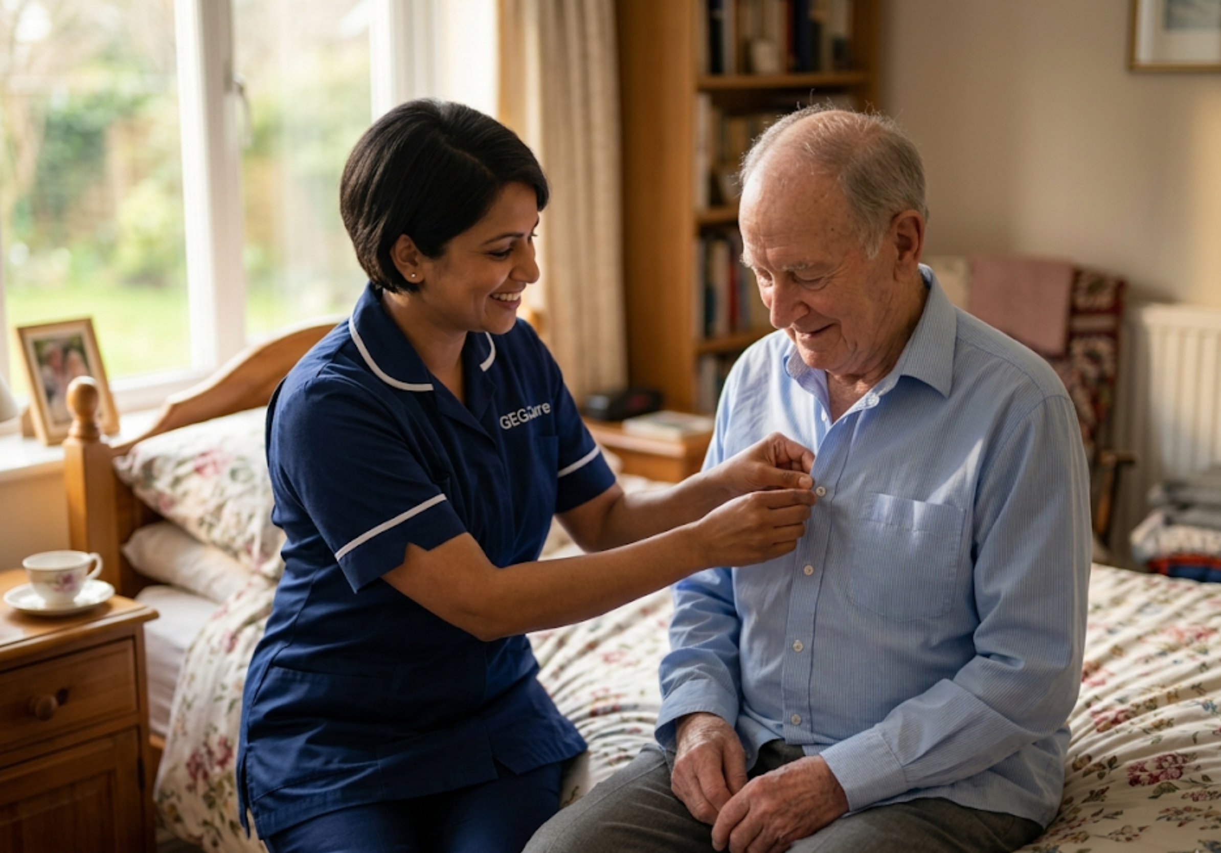 A GEG Care carer assisting an elderly male client with dressing and personal care during a morning home visit in [LOCATION].