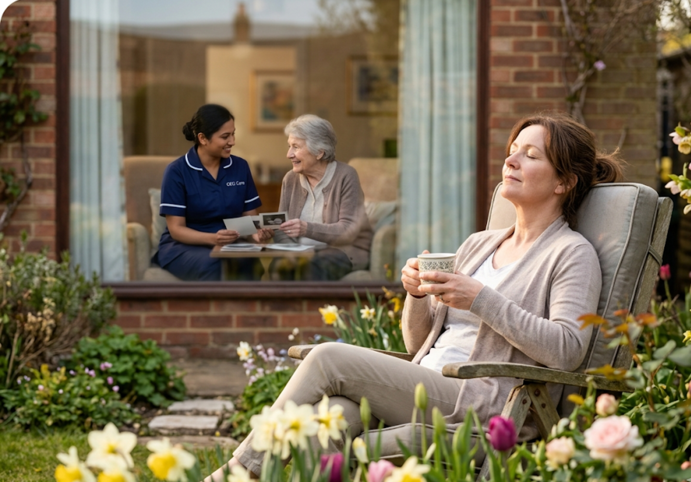 A family carer finally resting peacefully in the garden while a GEG Care respite carer attends to their loved one at home in [LOCATION].