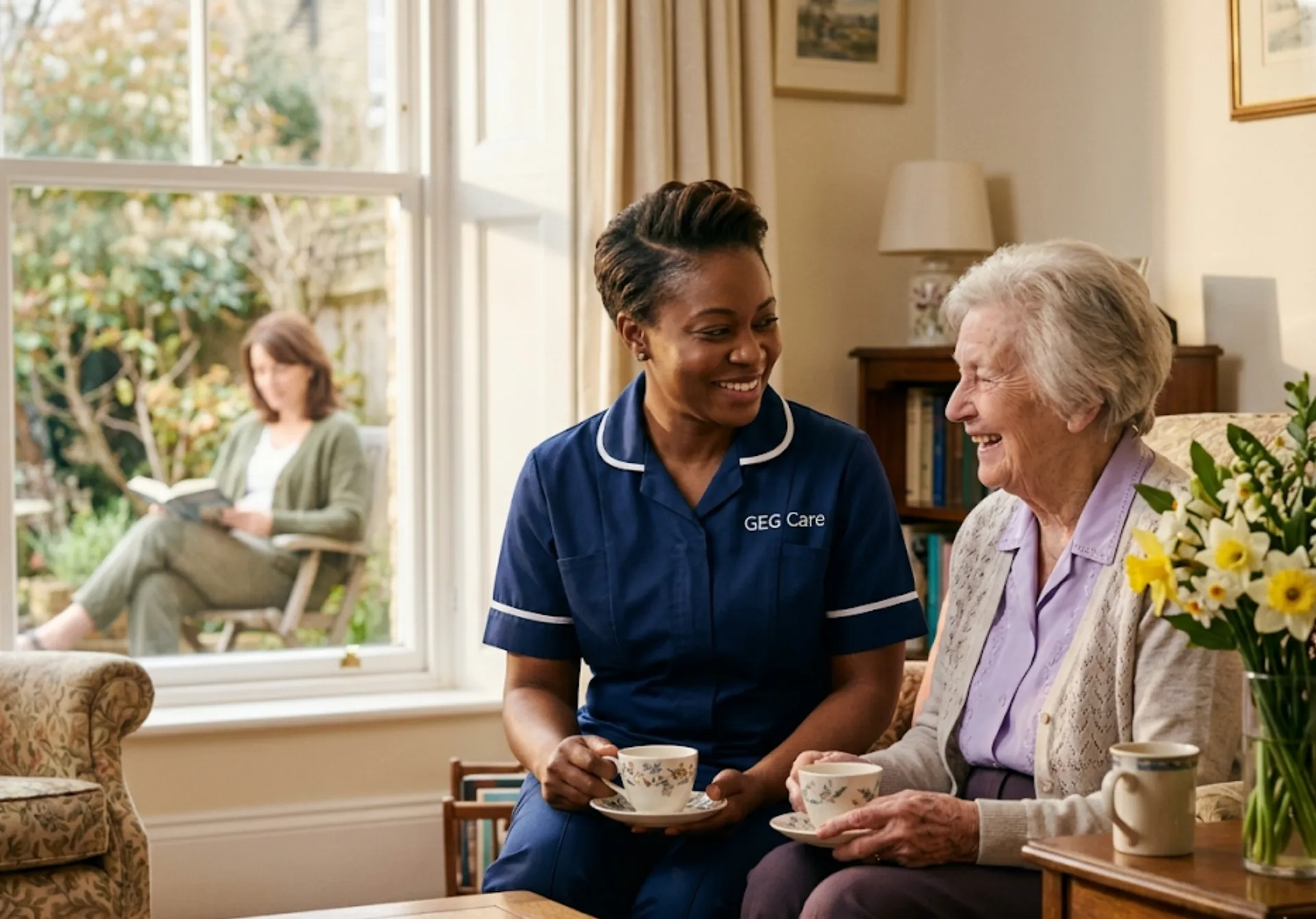 A GEG Care respite carer providing compassionate support to an elderly client at home in Luton, giving the family carer a well-earned rest in the garden.