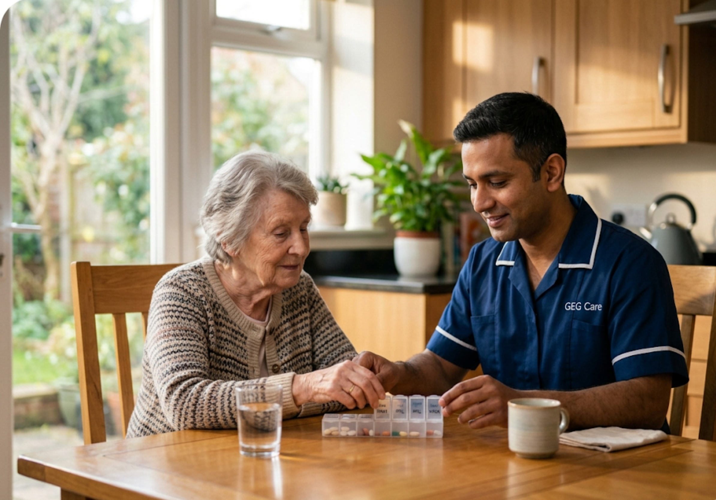 A GEG Care respite carer assisting an elderly female client with her afternoon medication at home in [LOCATION], providing safe and professional support.